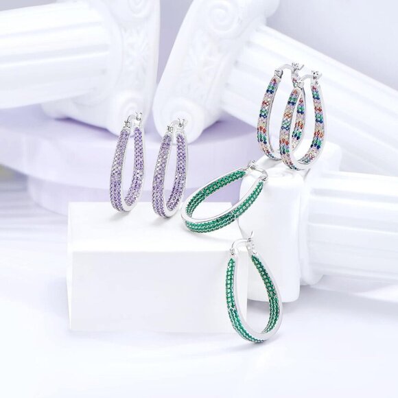 925 Sterling Silver Post Hoop Earrings for Women Girls Multicolor Cubic Zirconia - Picture 7 of 7